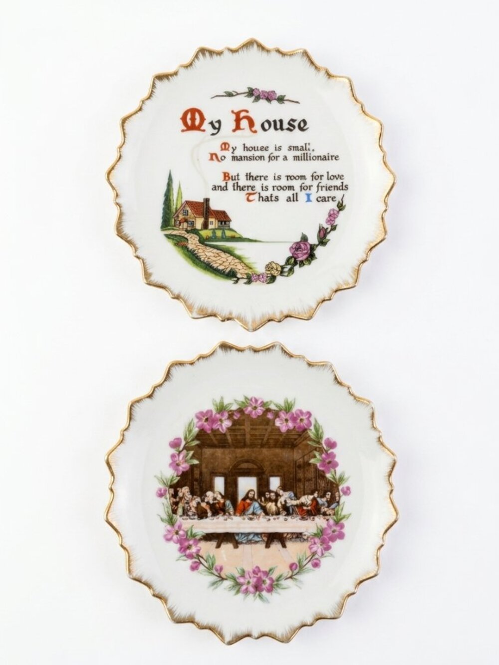 Vintage 1950s Japan Religious Wall Plates Set Last Supper House Poem Gold